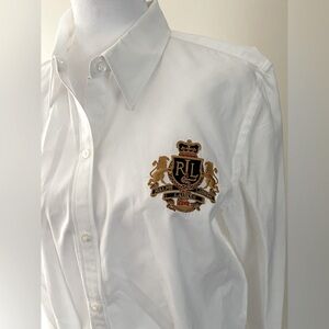 Ralph Lauren Women’s White Dress Shirt with Gold Embroidered Crest